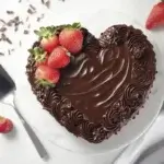 A heart-shaped chocolate cake decorated with frosting rosettes, strawberries, and chocolate shavings, placed on a white plate