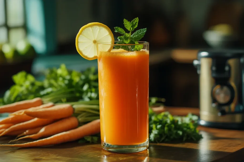 Tall glass of freshly made carrot juice with a slice of lemon and mint garnish, surrounded by fresh carrots and a juicer.