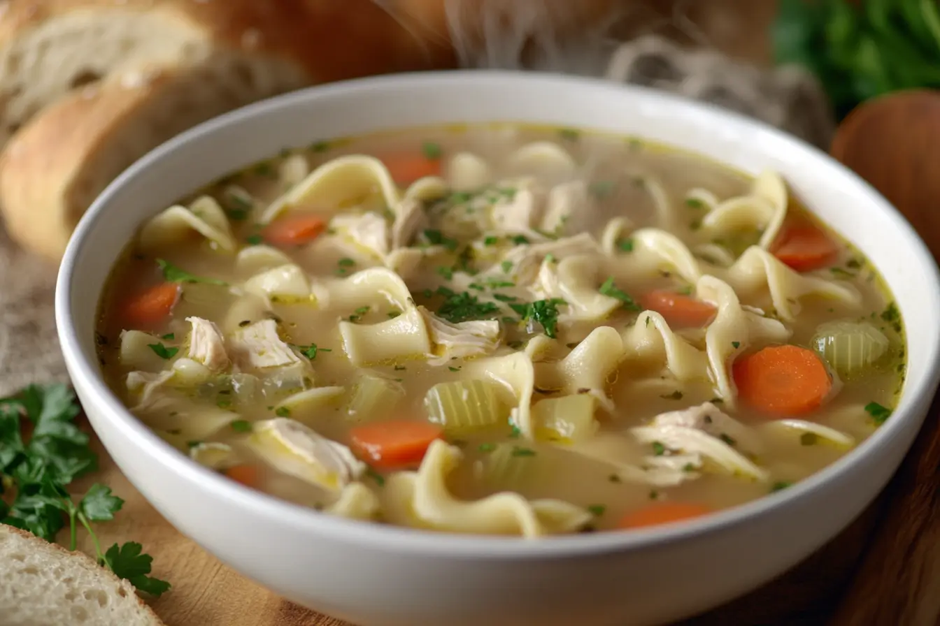 Steaming bowl of chicken noodle soup with fresh parsley, carrots, celery, and noodles on a rustic wooden table.