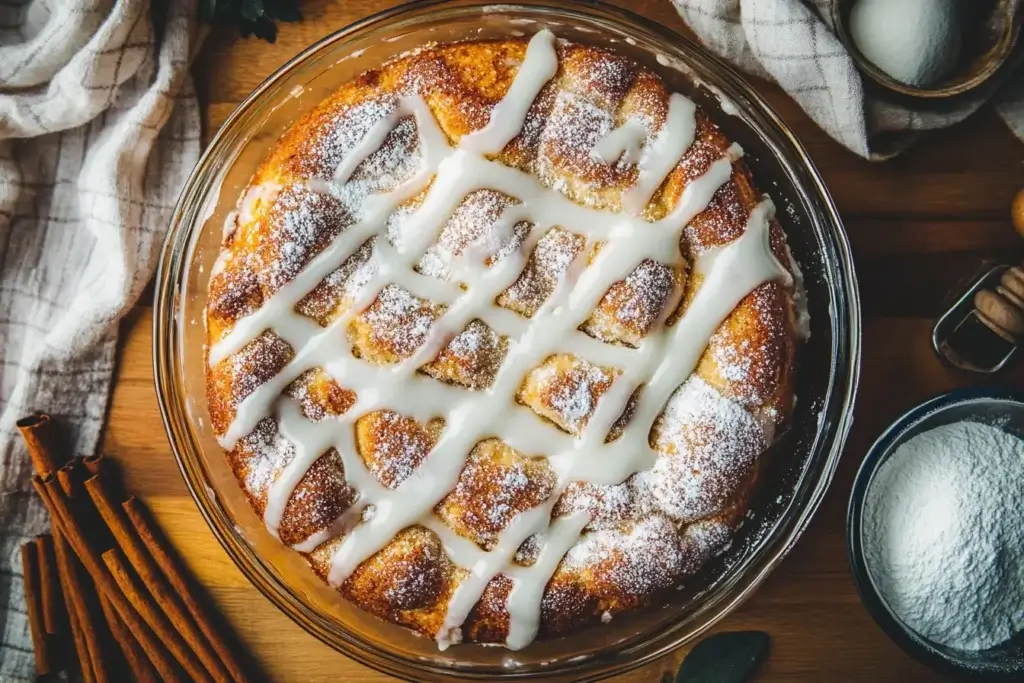 Freshly baked honey bun cake with a glossy glaze, surrounded by cinnamon sticks and powdered sugar on a wooden counter.