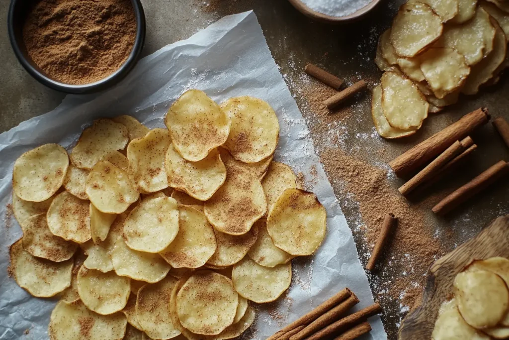 Homemade cinnamon baking chips cooling on parchment paper with cinnamon and sugar nearby.