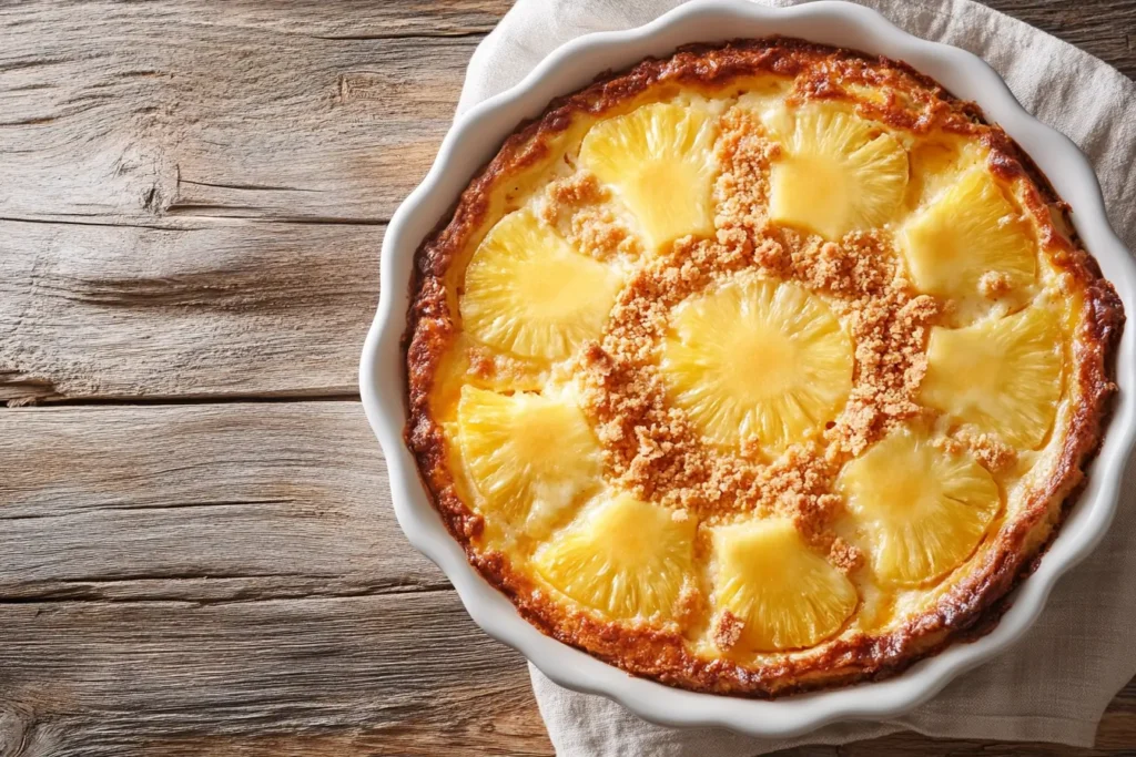 A close-up overhead view of a pineapple casserole in a white baking dish with a golden cracker topping, surrounded by pineapple chunks and grated cheese.