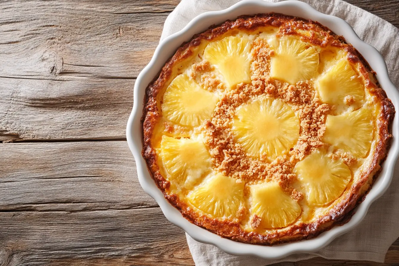 A close-up overhead view of a pineapple casserole in a white baking dish with a golden cracker topping, surrounded by pineapple chunks and grated cheese.