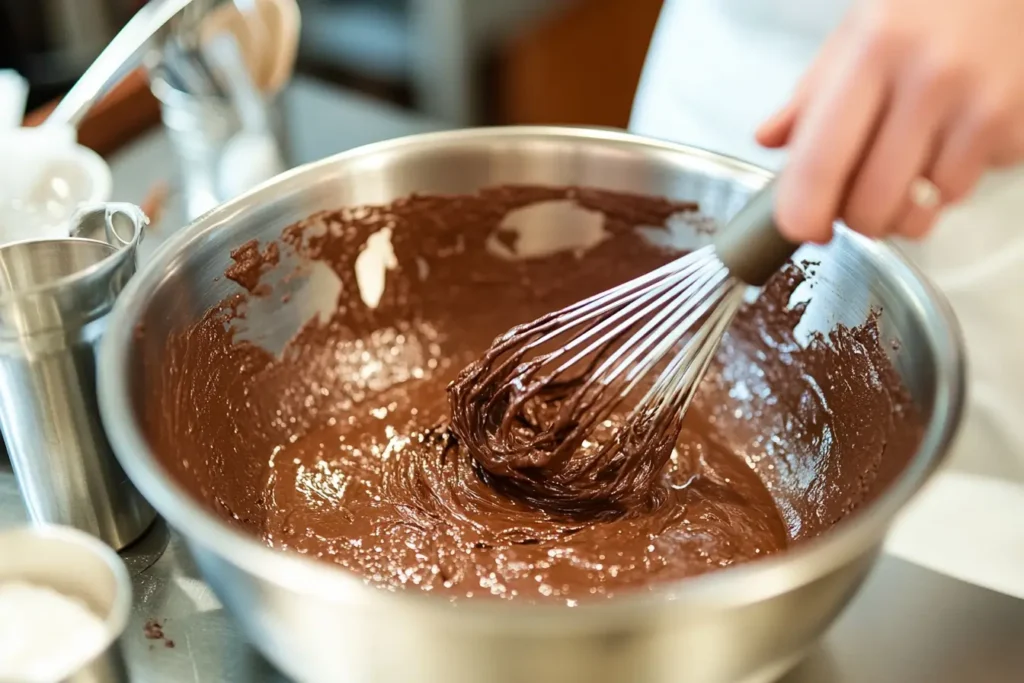 Mixing chocolate cake batter in a bowl with utensils nearby