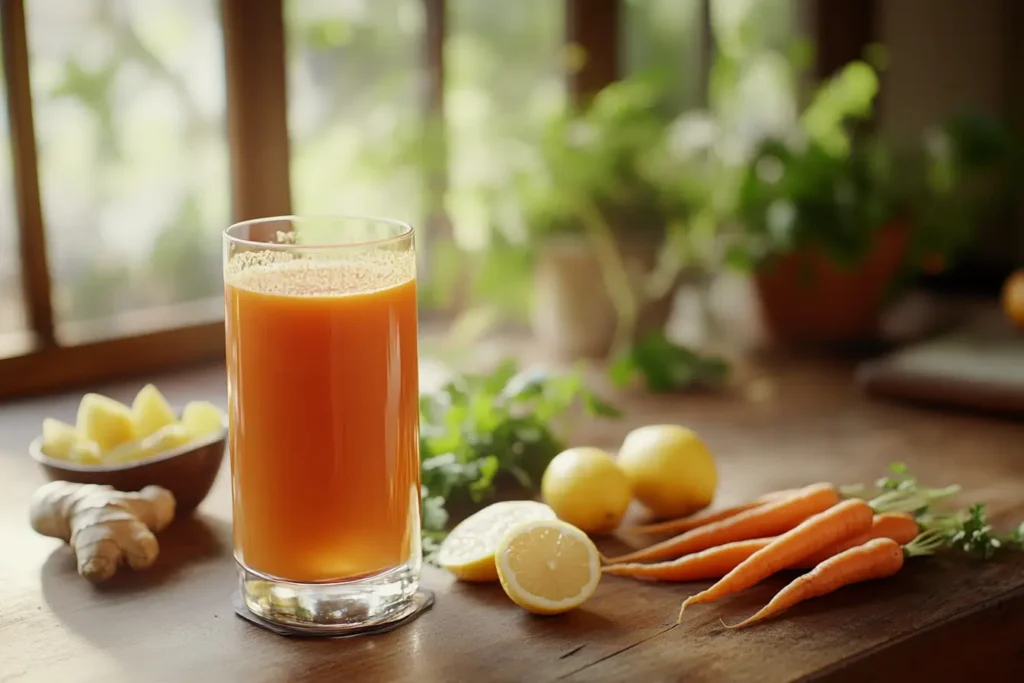 A glass of freshly made carrot juice surrounded by raw carrots, ginger, and lemon wedges.