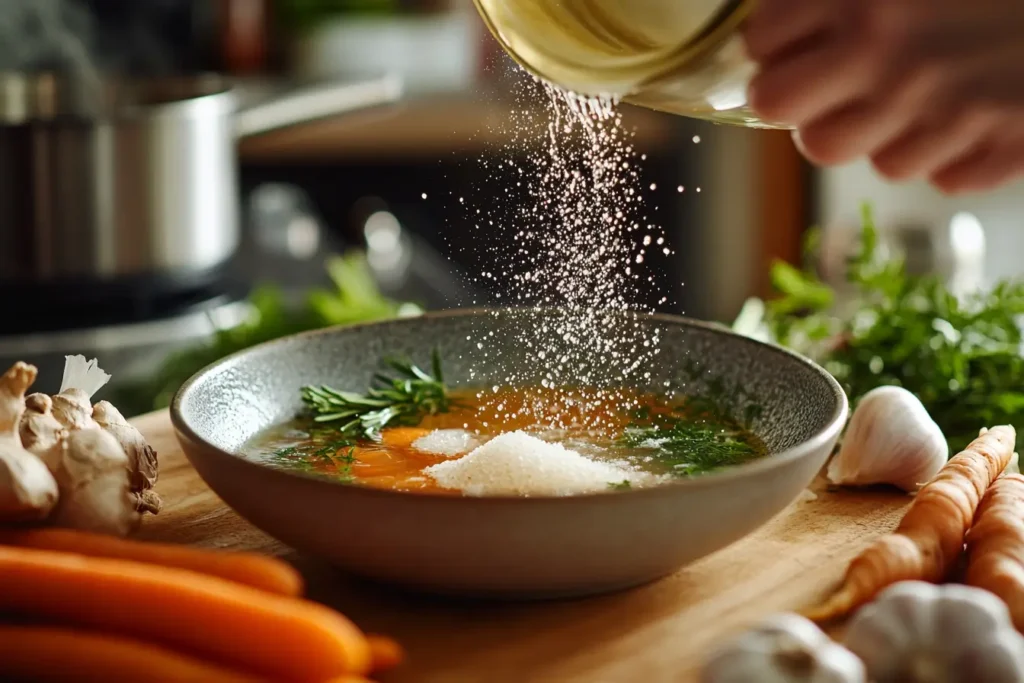 Vegetable broth being poured into a dish with agar agar powder, surrounded by fresh garlic, ginger, and carrots.