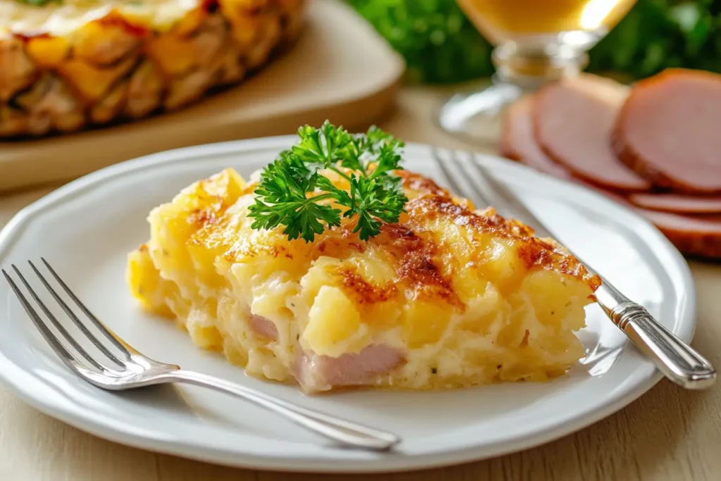 A plated serving of pineapple casserole with a golden crust, garnished with parsley, paired with roasted ham and iced tea.