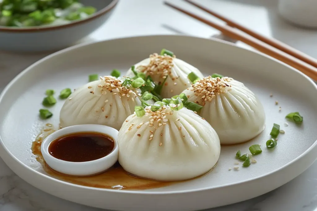 A plate of vegetarian soup dumplings, garnished with scallions and sesame seeds, served with soy-vinegar dipping sauce.