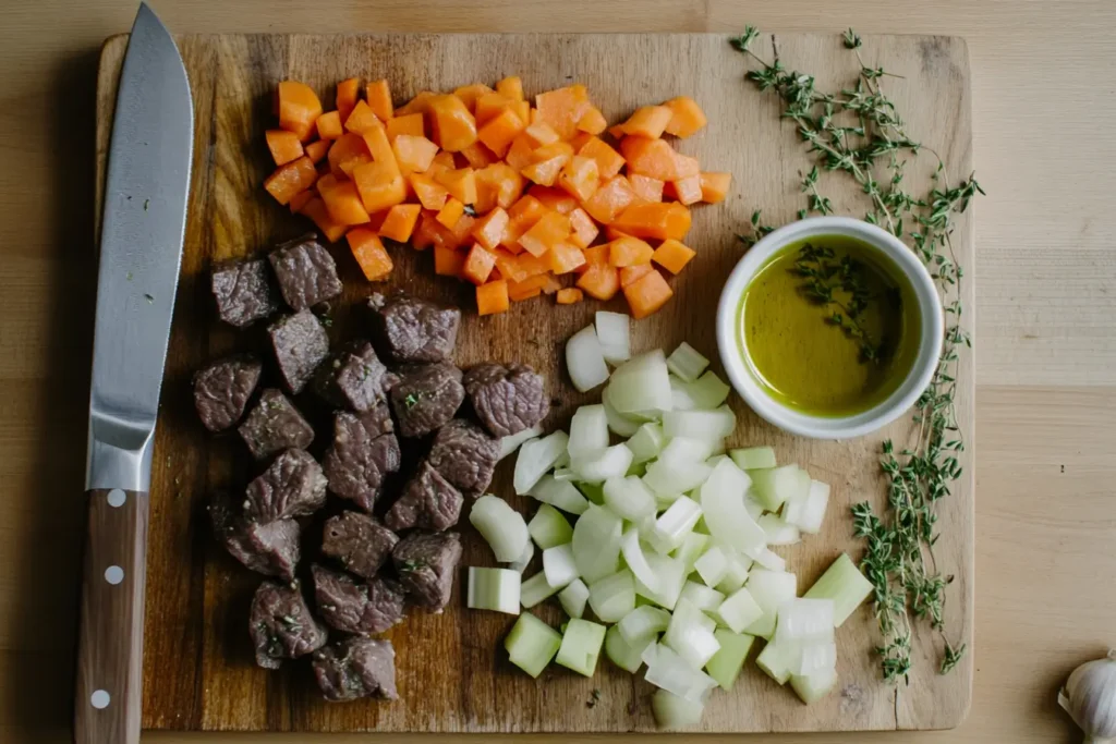 Chopped onions, garlic, celery, and carrots on a wooden cutting board with olive oil and thyme sprigs nearby.