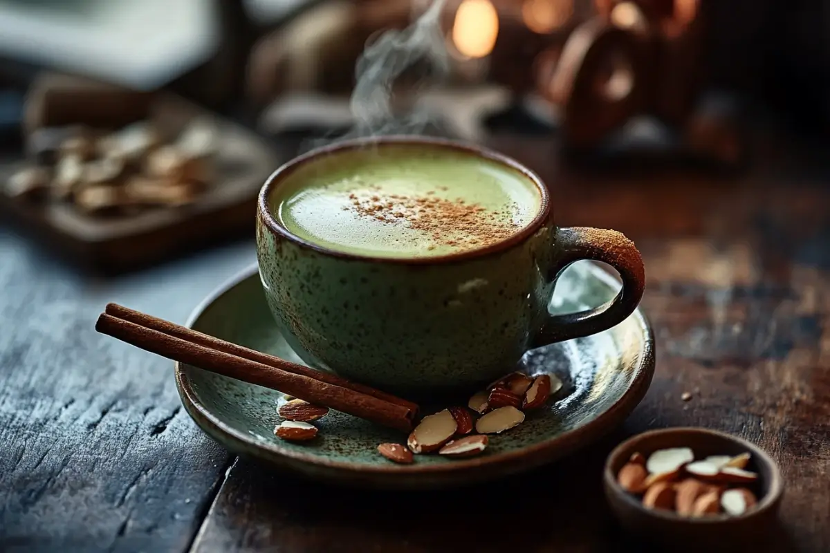 A creamy matcha latte with delicate latte art, served in a ceramic cup on a wooden tray with a bamboo whisk and matcha powder.