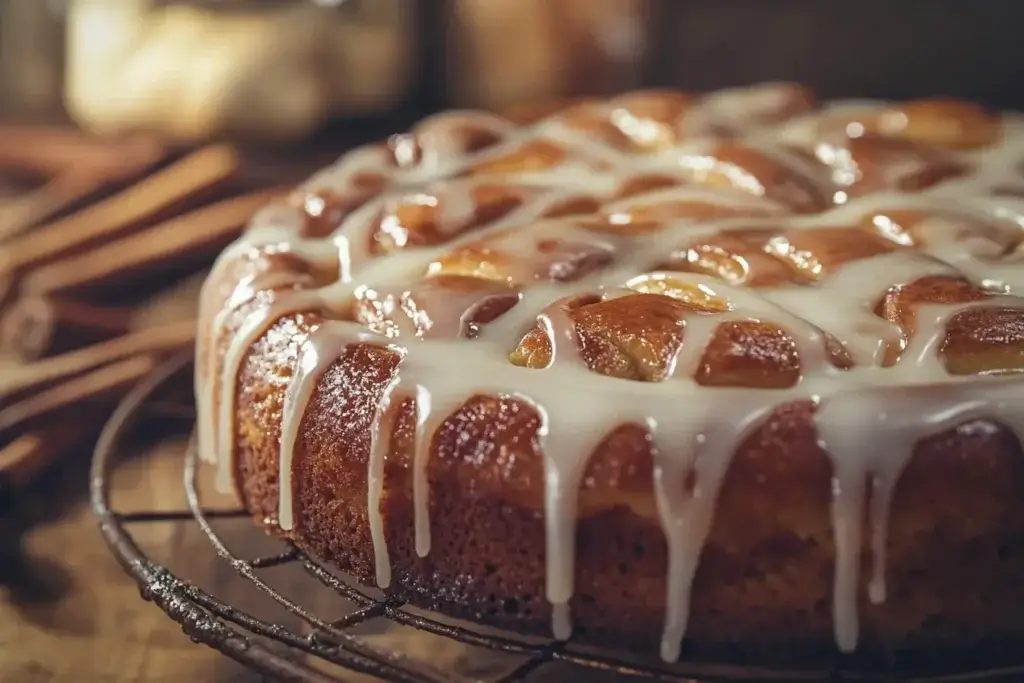 Freshly baked honey bun cake with powdered sugar glaze dripping over the edges.