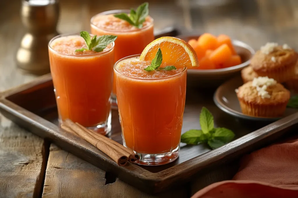 Glasses of carrot juice garnished with mint, cinnamon, and orange, served with carrot muffins on a rustic wooden tray.