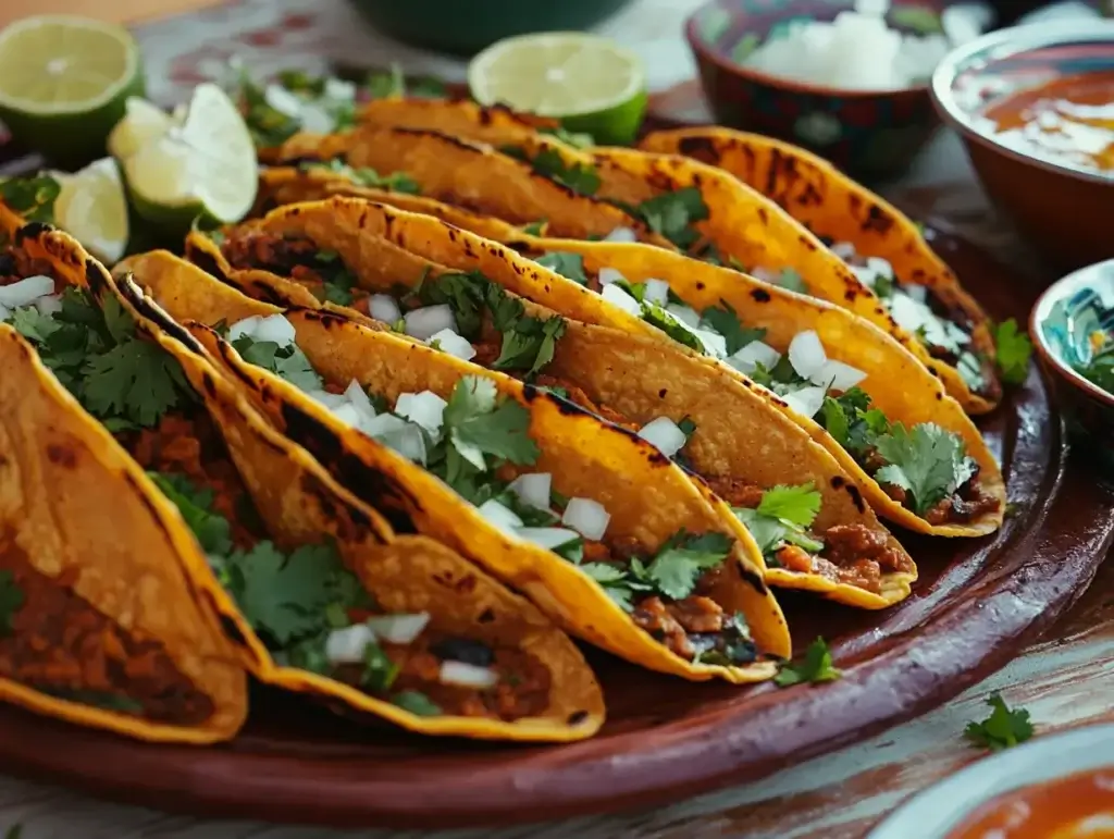 Platter of birria tacos garnished with cilantro and onions, served with consommé, salsa, and lime wedges.