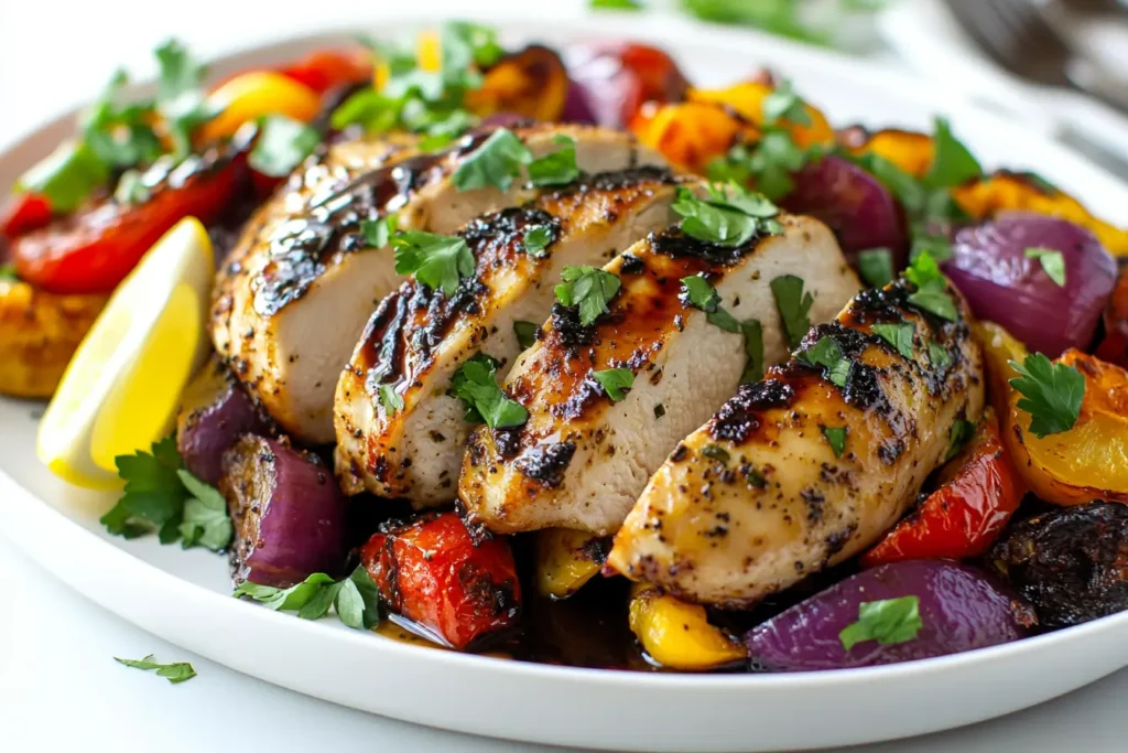 Plated chicken breast with fresh parsley, lemon wedge, and roasted vegetables drizzled with balsamic glaze.