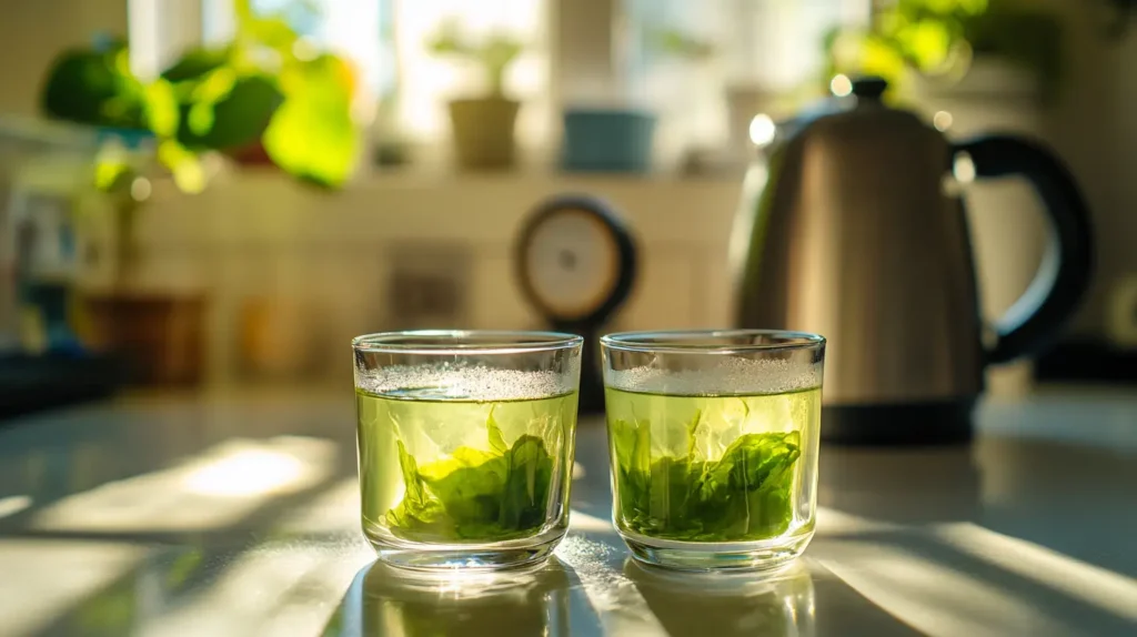 Two glasses of matcha, one vibrant green and another yellowish, showing the impact of water temperature.