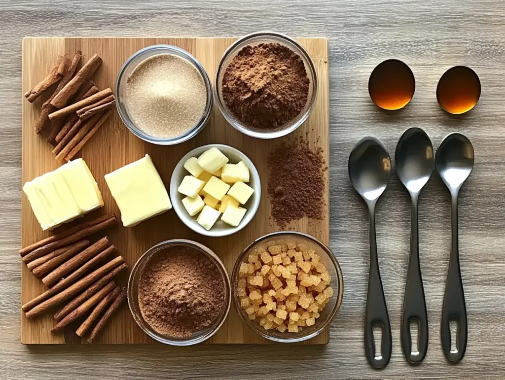 Ingredients for homemade cinnamon baking chips, including cinnamon, sugar, butter, and vanilla, neatly arranged.