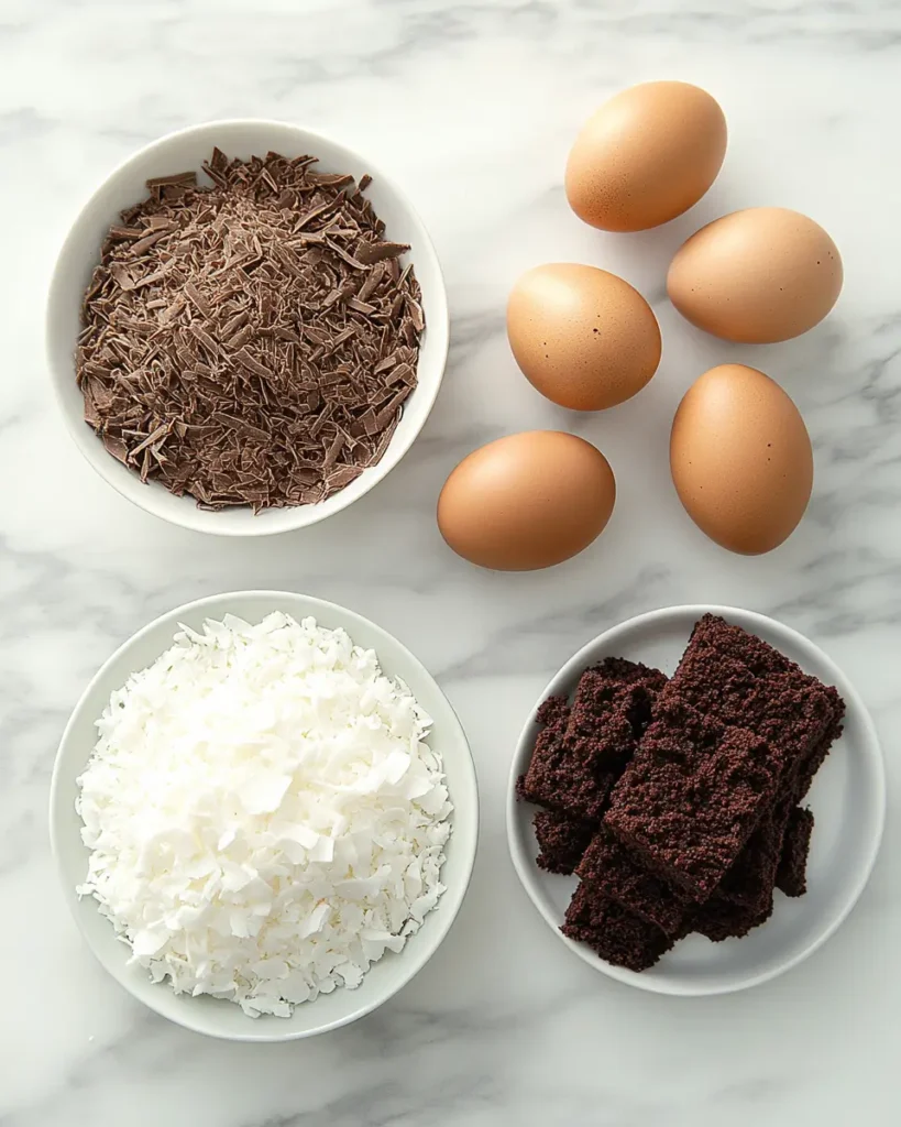 ingredients for Mounds cake recipe including cake mix, eggs, condensed milk, and coconut on a marble counter