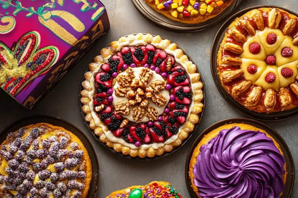 Traditional King Cake with sugar glaze and festive Mardi Gras colors on a rustic table, surrounded by beads.