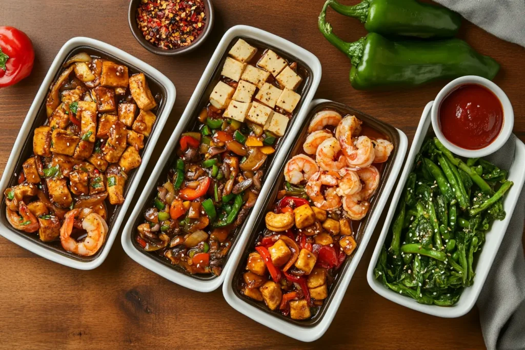 Four stir-fry variations: tofu, shrimp, spicy, and gluten-free, displayed in bowls with fresh ingredients.