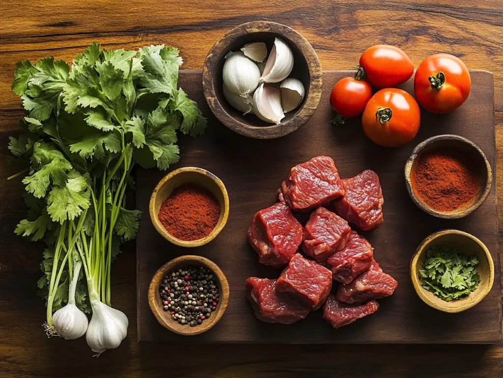 Flat lay of birria taco ingredients including chiles, beef, garlic, onions, tomatoes, and spices on a wooden board.