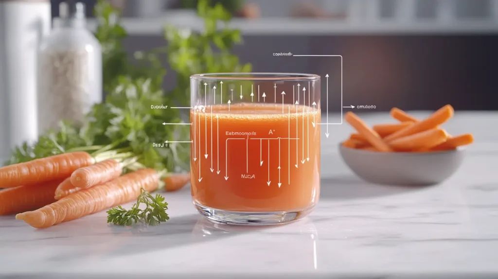 Glass of carrot juice with infographic-style annotations highlighting key nutrients like vitamin A, beta-carotene, and potassium.