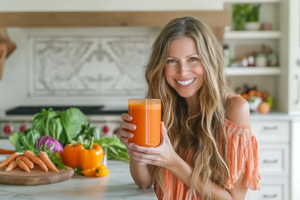 Woman enjoying a glass of fresh carrot juice in a bright, health-focused kitchen.