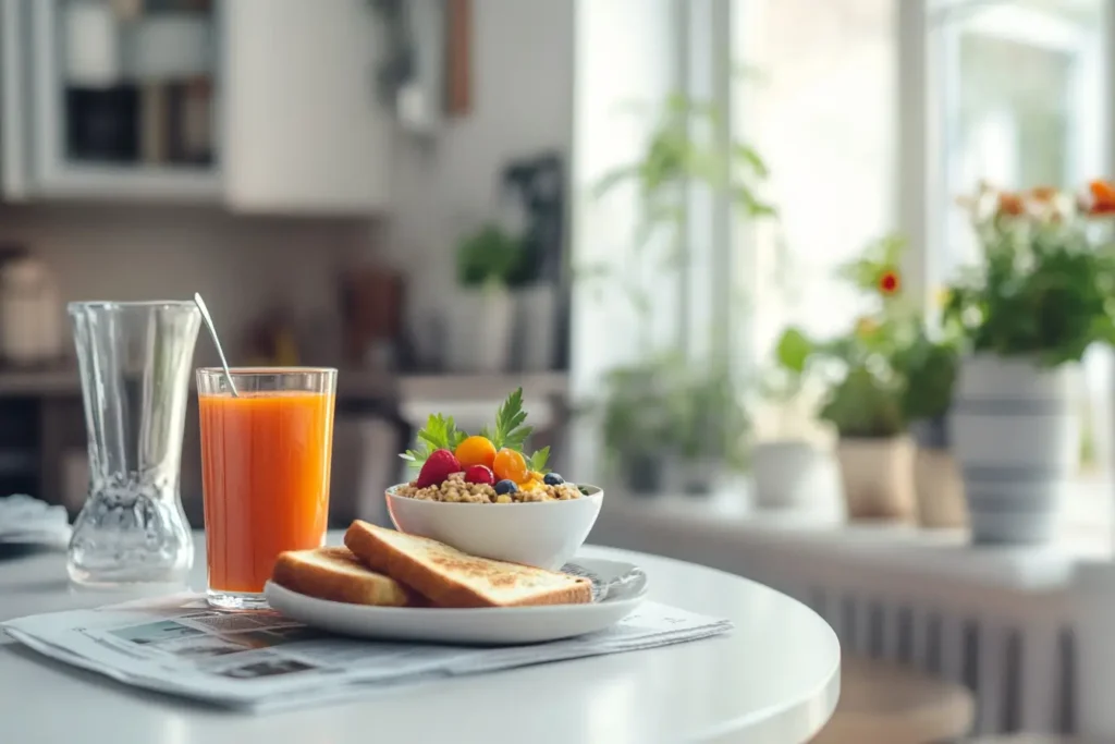 Juicing station with fresh carrots, a juicer, and a pitcher of carrot juice being poured into a glass.