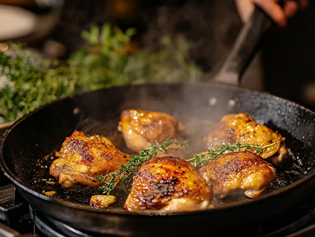 Chicken thighs being seared in a cast-iron skillet with golden-brown crust and fresh thyme in the background.