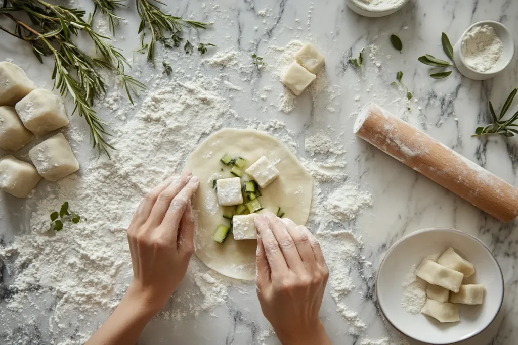 Hands folding vegetarian soup dumplings with vegetable filling and broth jelly, surrounded by dough circles and flour.