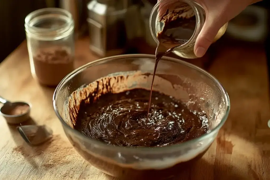 Hands whisking chocolate cake batter in a bowl while pouring hot coffee for a smooth texture.