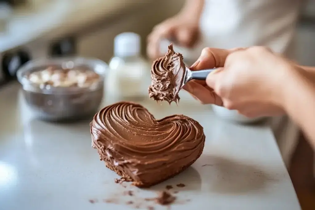 Applying smooth chocolate buttercream frosting to a heart-shaped cake with an offset spatula.