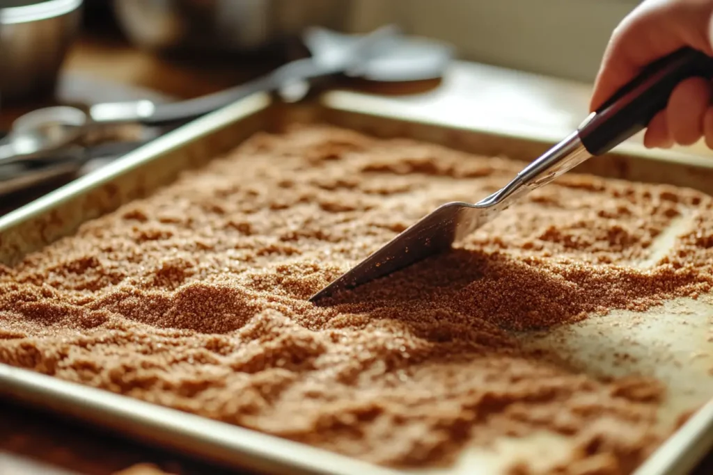 Spreading cinnamon-sugar mixture on a baking sheet during the process of making cinnamon baking chips.