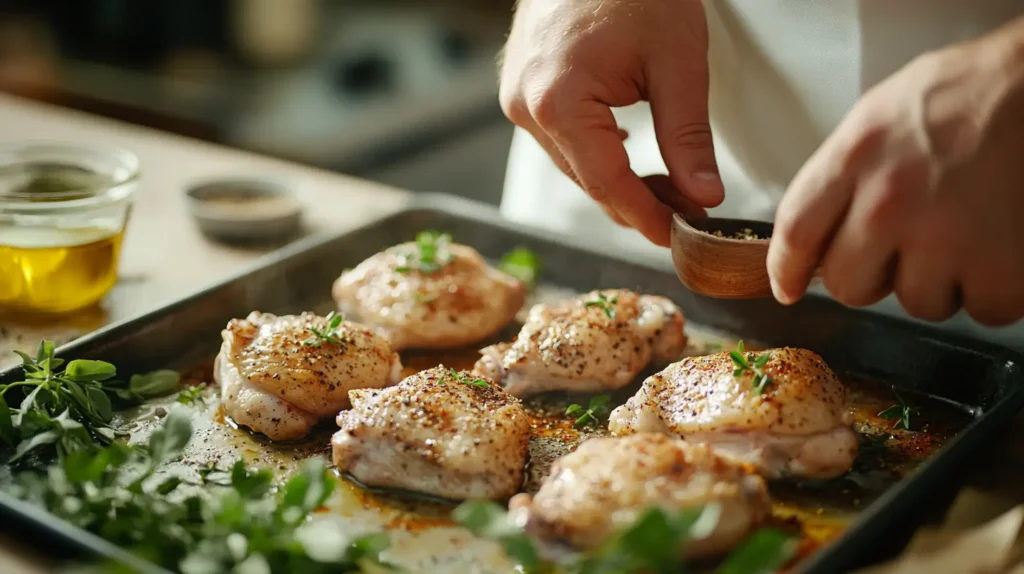 Cook Chicken breasts cooking in a nonstick skillet with a splash of broth and fresh herbs, being flipped with tongs.