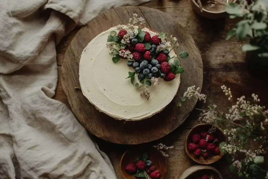 A rustic semi-naked graduation cake decorated with fresh berries, edible flowers, and greenery for a minimalist, natural look.