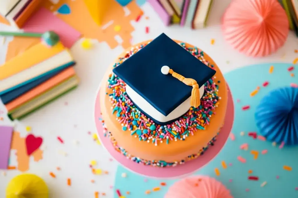 A vintage Rococo-style graduation cake with pastel piping, floral accents, and pearl decorations on a vintage cake stand.