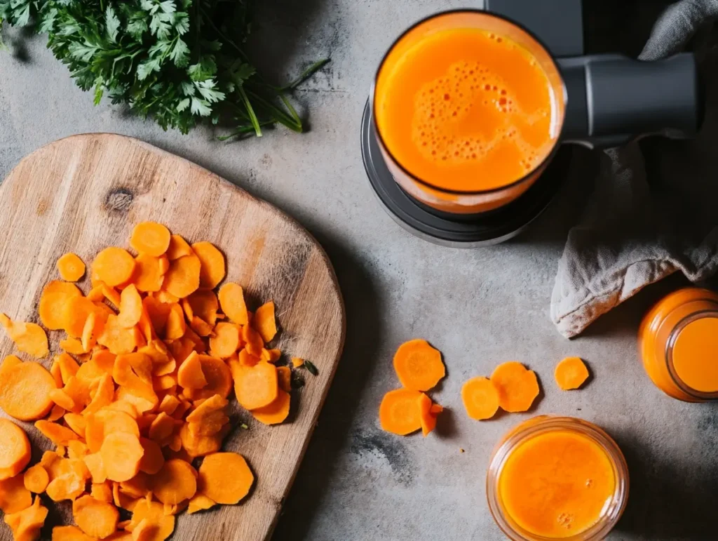 Freshly chopped carrots next to a juicer and a glass of carrot juice.