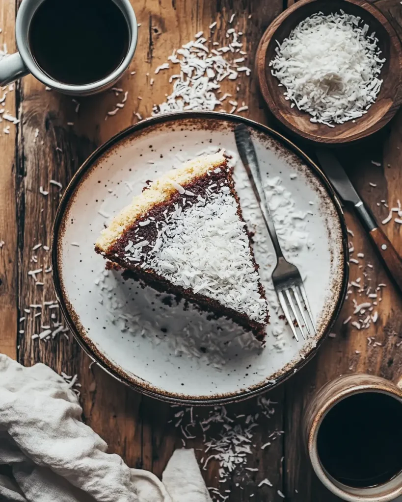 Slice of Mounds cake on a plate with coffee and shredded coconut on the side