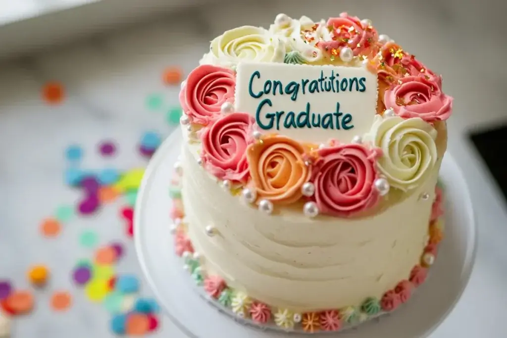 A stunning buttercream graduation cakes decorated with rosettes, pearl borders, and a "Congratulations Graduate" topper.