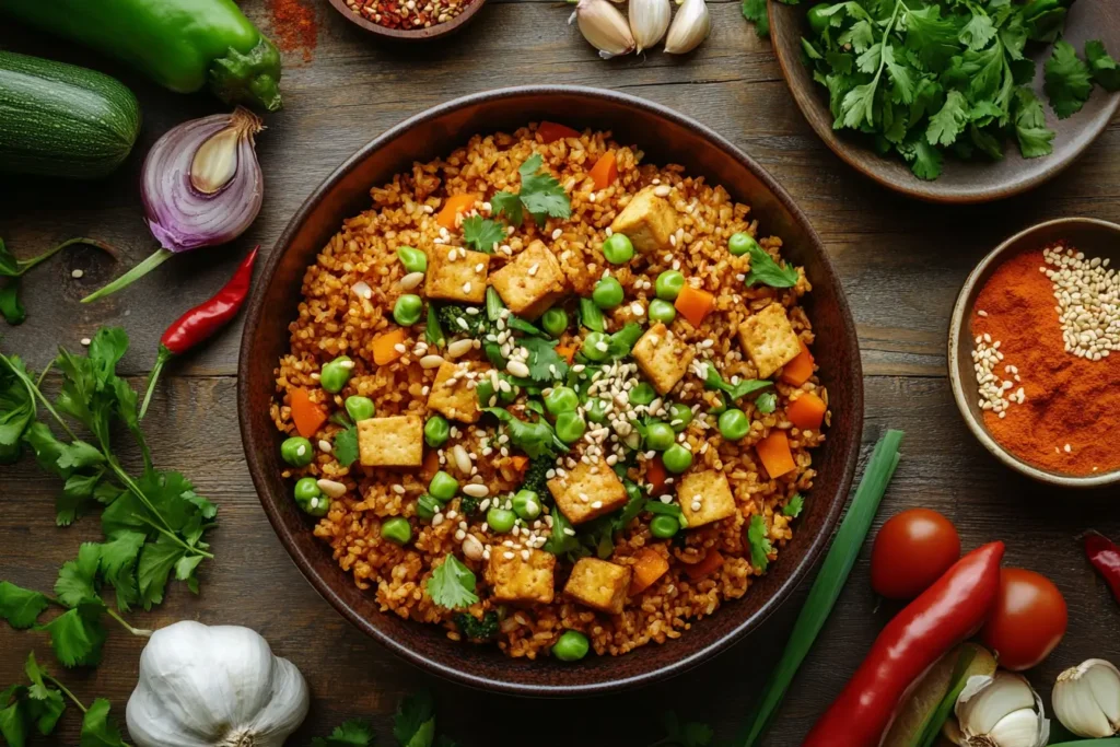 Colorful Southeast Asia brown rice stir-fry with fresh vegetables and crispy tofu, garnished with sesame seeds and green onions.