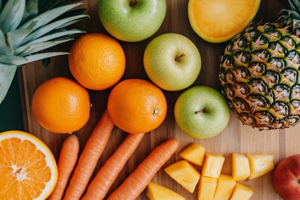 What Fruit Goes Well with Carrots? Assorted fresh fruits like apples, oranges, pineapples, and mangoes with sliced carrots on a cutting board.