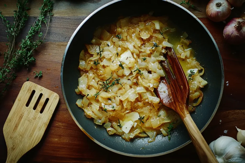 A pan of golden caramelized onions and garlic sizzling in butter, with herbs scattered around.