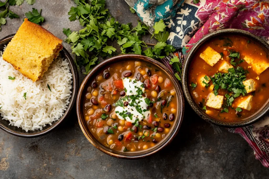 Three bowls of swamp soup variations featuring rice, tofu, and Parmesan cheese, garnished with fresh herbs and served with cornbread.