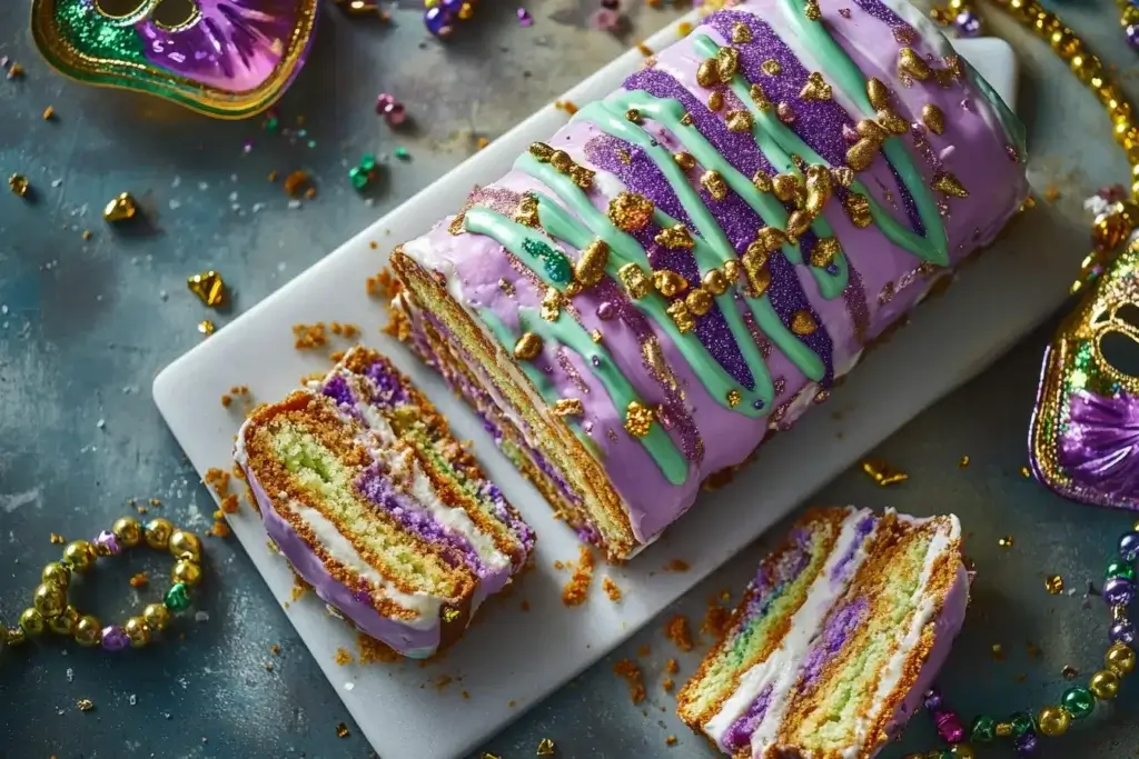 Baker shaping King Cake dough on a floured surface with ingredients arranged nearby.