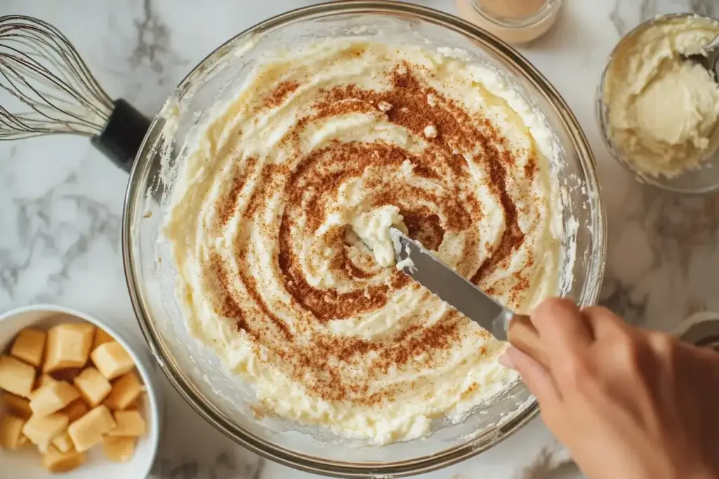 A knife swirling cinnamon sugar into honey bun cake batter in a glass pan.