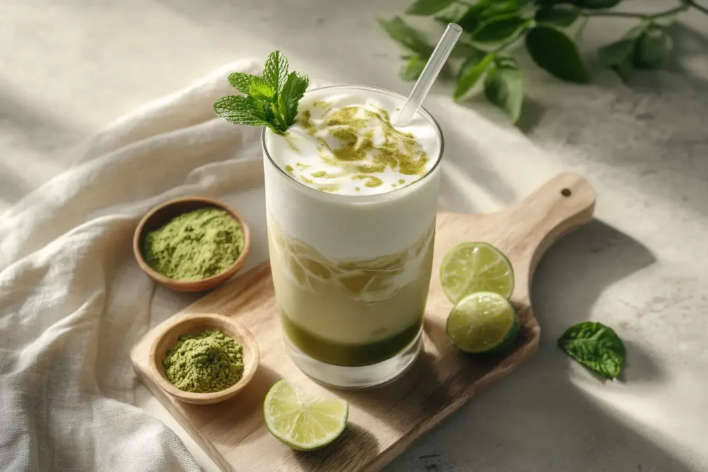 Iced matcha latte with fresh mint leaves and lime slices on a wooden board, showcasing creative variations.