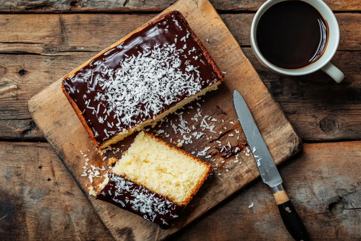 Freshly baked kefir sheet cake with chocolate glaze and shredded coconut on a wooden board, sliced to show moist texture.