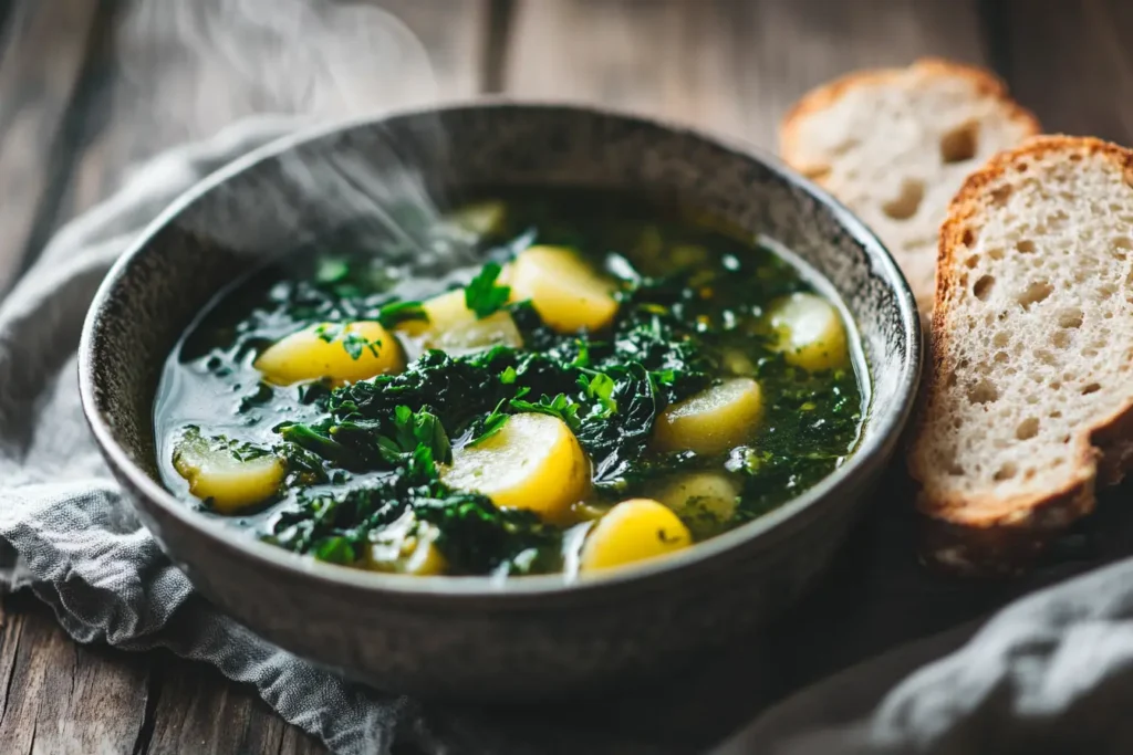 Vegetarian swamp soup garnished with fresh parsley and served with crusty bread on a rustic dining table.