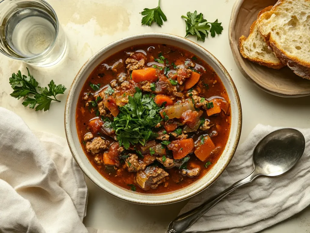 A bowl of swamp soup garnished with parsley, served alongside buttered bread and a glass of water on a rustic dining table.