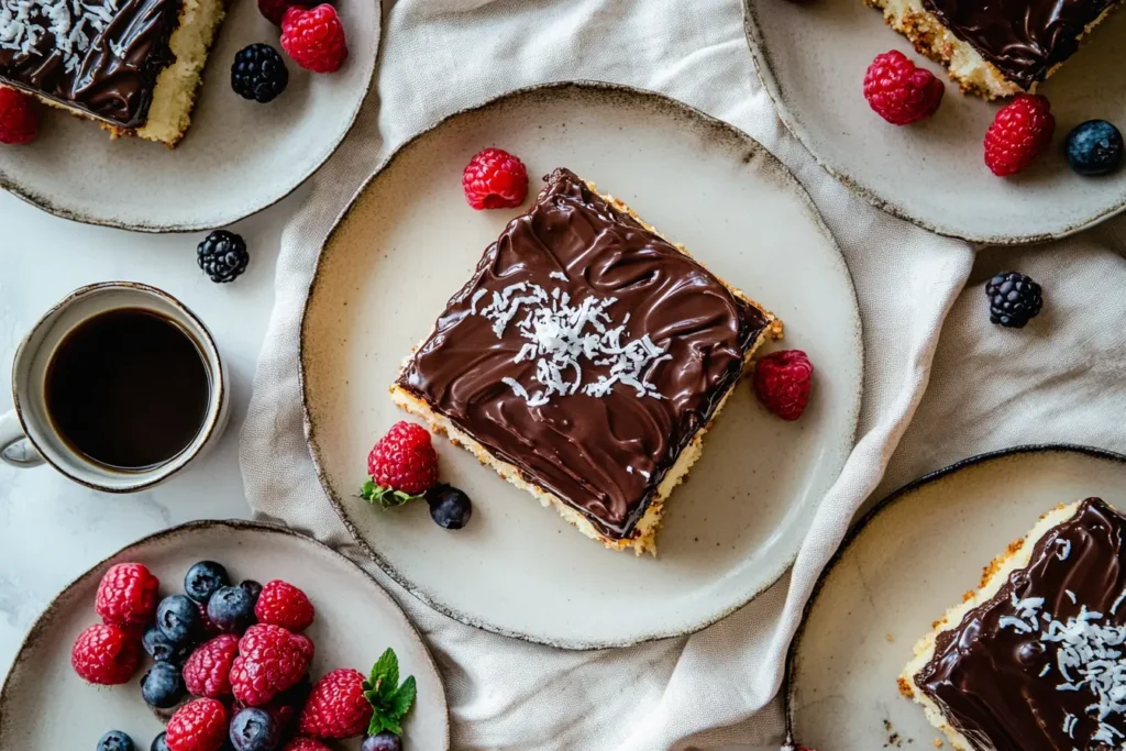 cake served with coffee and fresh berries on a cozy breakfast table.