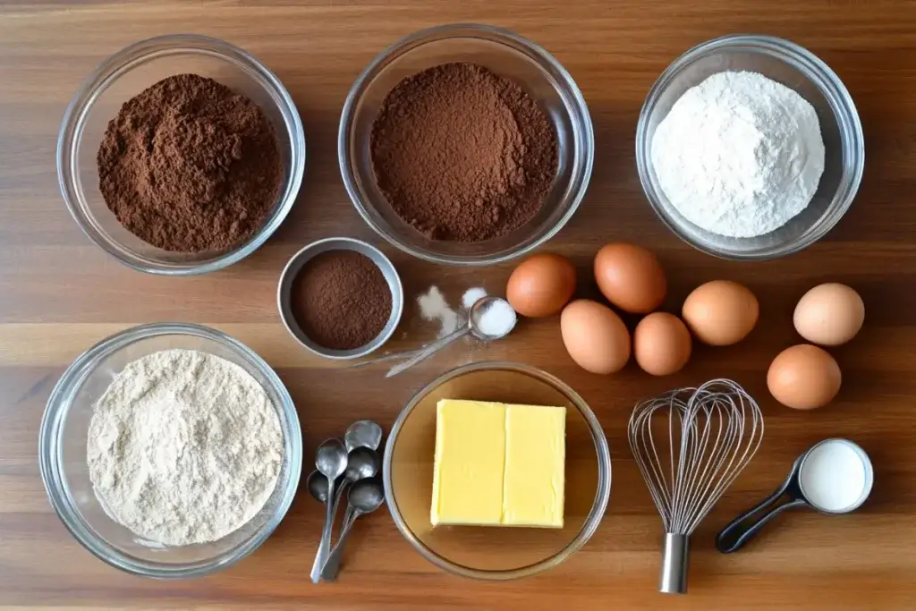 Ingredients for a chocolate cake, including cocoa powder, flour, sugar, butter, and eggs, arranged on a wooden countertop.